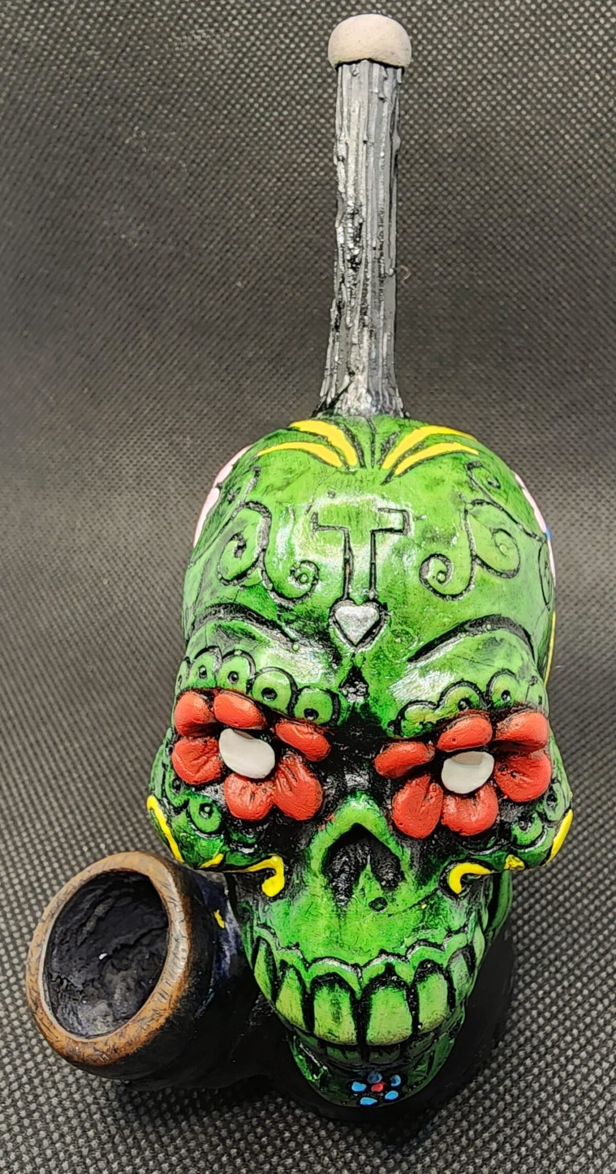 Los Muertos Sugar Skull Wood Pipe | 6in Tall - Wood Bowl - Green